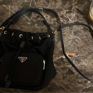 Prada Black Nylon Drawstring Crossbody with Gold Hardware